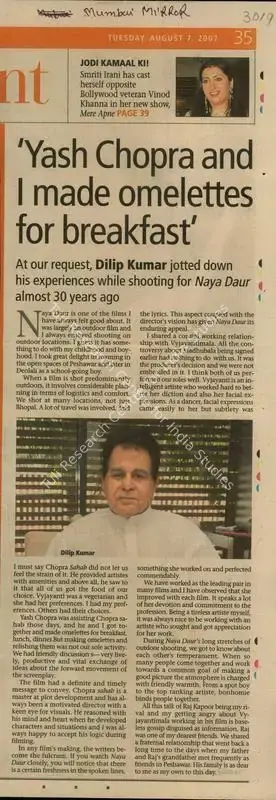 Dilip Kumar (Writer), Yash Chopra and I Made Omelettes for Breakfast, 2007, Newspaper Clipping
