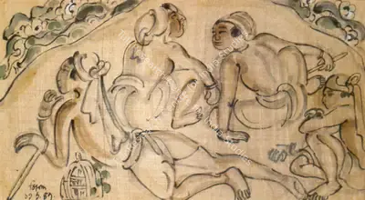 B.B. Mukherjee (Artist), Santhal Boys, 1941, Painting