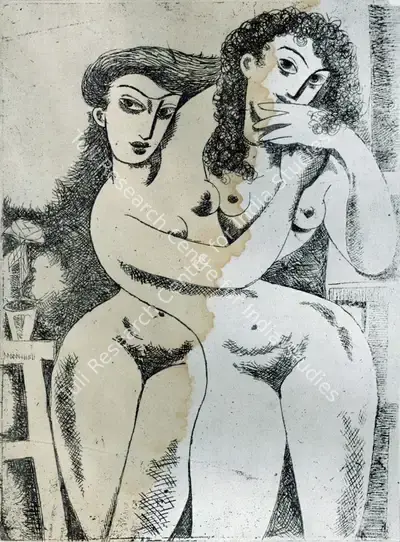 Nirode C. Mazumdar (Artist), Two Women, Graphic Art
