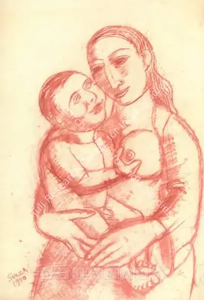 F.N. Souza (Artist), Untitled (Mother And Child), 1950, Drawing