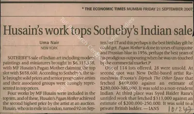 Uma Nair (Reporter), Husain's work tops Sotheby's Indian sale, 2007, Newspaper Clipping