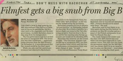 Udita Jhunjhunwala (Reporter), Filmfest gets a big snub from Big B, 2005, Newspaper Clipping