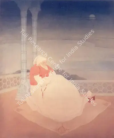M.A.R. Chughtai (Artist), Shah Jahan seated on a terrace gazing out at the Jumna, Painting