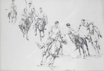 Ismail Gulgee (Artist), Polo Players, 1969, Drawing