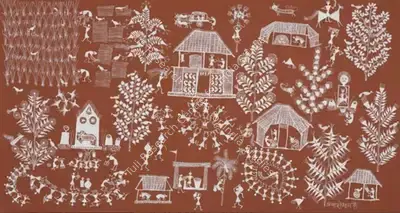 Jivya Soma Mashe (Artist), Untitled (Circles Dancing) (Warli Painting), Painting