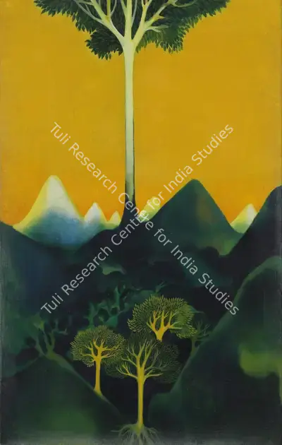 G.M. Sheikh (Artist), Tree over Mountains, 1970, Painting