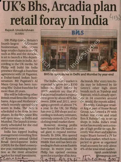 Rajesh Unnikrishnan (Reporter), UK's Bhs, Arcadia plan Retail Foray in India, 2007, Newspaper Clipping
