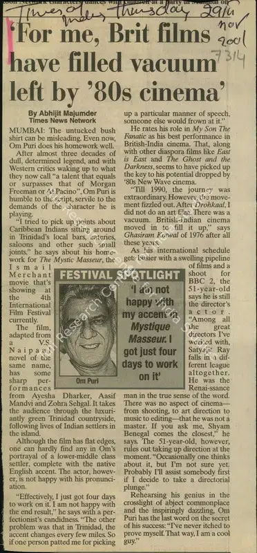 Abhijit Majumder (Reporter), For me, Brit films have filled Vacuum left by '80s Cinema', 2001, Newspaper Clipping