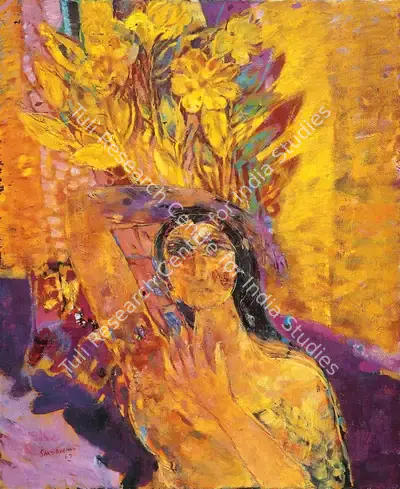 Sakti Burman (Artist), Woman & Flowers, 1963, Painting