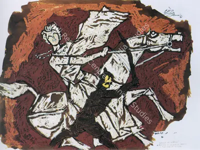 Husain, M. F. (Artist). Ranee of Jhansi-A recast of an early period in the Indian History. Mixed media on paper, 1985 | Maqbool Fida Husain, 2008 | Painting | FineArts | 00495191