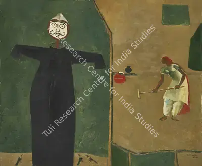B.C. Sanyal (Artist), Scare Crow and The Peasant Woman, 1970, Painting
