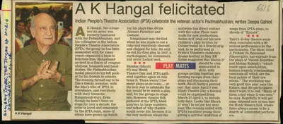Deepa Gahlot (Reporter), A K Hangal Felicitated, 2006, Newspaper Clipping