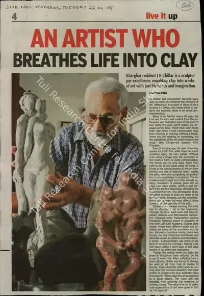 Suchithra Pillai (Reporter), An Artist Who Breathes Life into Clay, 2008, Newspaper Clipping