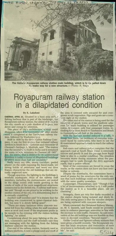 K. Lakshmi (Reporter), Royapuram Railway Station in a Dilapidated Condition, 2003, Newspaper Clipping