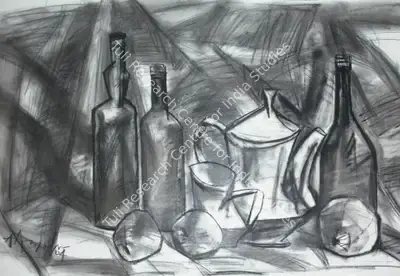 K.M. Adimoolam (Artist), Jugs, Bottles And Fruits - I, 2004, Drawing