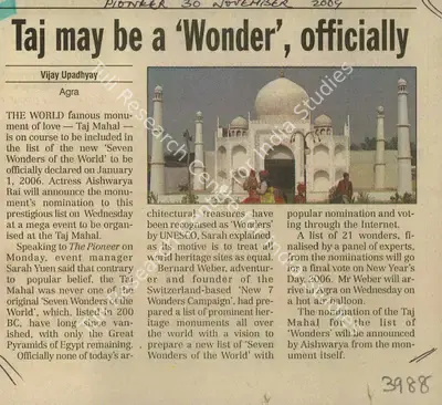 Vijay Upadhyay (Reporter), Taj May Be a 'Wonder', Officially, 2004, Newspaper Clipping
