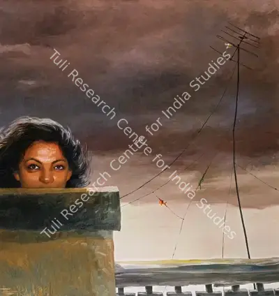 Bikash Bhattacharjee (Artist), Enticed (Lady on Roof), 1986, Painting