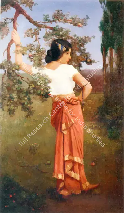 Hemendranath Mazumdar (Artist), A Young Woman Standing by an Apple, Painting
