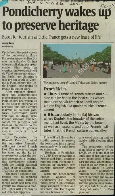 Arun Ram (Reporter), Pondicherry Wakes Up To Preserve Heritage, 2005, Newspaper Clipping