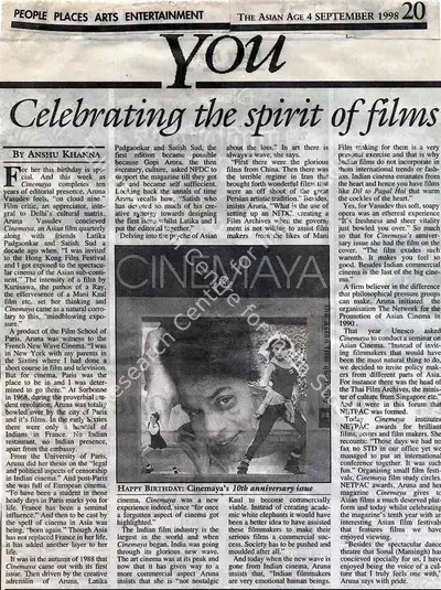 Anshu Khanna (Reporter), Celebrating the spirit of films, 1998, Newspaper Clipping