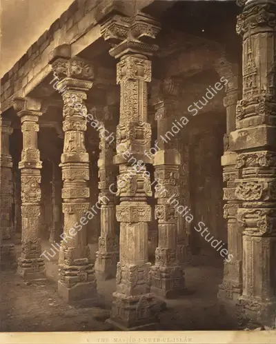 Charles Shepherd (Photographer), The Masjid-i-Kutb-ul-Islam, Pillars in the East Colonnade of the Mosque, 1870, Antiquarian Photograph