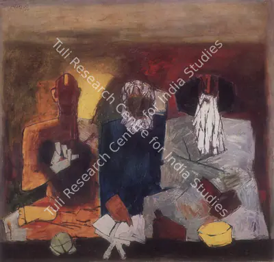 Husain, M. F. (Artist). Three Monks. Oil on canvas, 1965 | Maqbool Fida Husain , 1971 | Painting | FineArts | 00495224