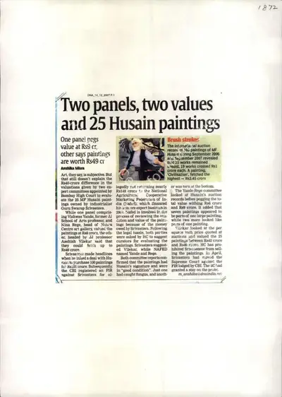 Anshika Mishra (Reporter), Two panels, two values and 25 Husain paintings, 2007, Newspaper Clipping