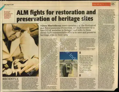 Mitra Murlidharan (Writer), ALM Fights For Restoration And Preservation of Heritage Sites, 2005, Newspaper Clipping