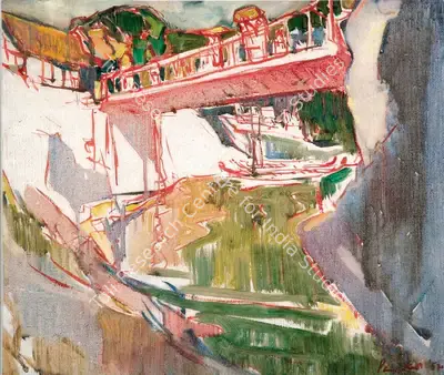 K.C.S. Paniker (Artist), The Red Bridge, 1952, Painting