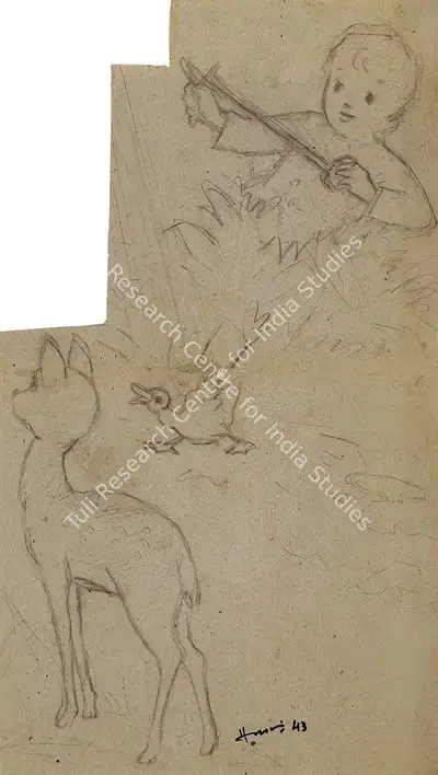 M.F. Husain (Artist), Untitled, 1943, Drawing