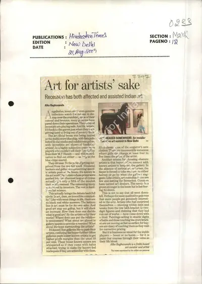 Alka Raghuvanshi (Writer), Art for Artists' Sake, 2009, Newspaper Clipping