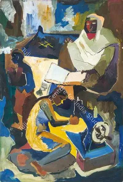 M.F. Husain (Artist), Untitled (Woman Sewing), 1950, Painting