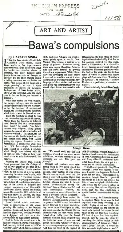 Gayatri Sinha (Writer), Bawa's Compulsions, 1986, Newspaper clipping