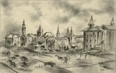 S.H. Raza (Artist), Bombay Scene, 1946, Drawing