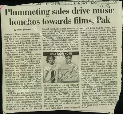 Meena Lyer (Reporter), Plummeting sales drive music Honchos Towards films, Pak, 2005, Newspaper Clipping
