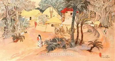 Arup Das (Artist), Bengal Village, 1958, Painting