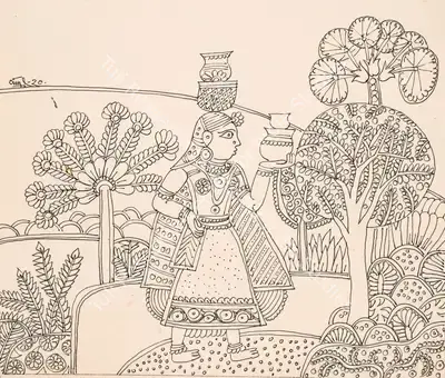 K. Laxma Goud (Artist), Untitled (Fetching Water), 1970, Painting