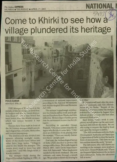 Pooja Kumar (Reporter), Come To Khirki to see how a Village Plundered its Heritage, 2003, Newspaper Clipping