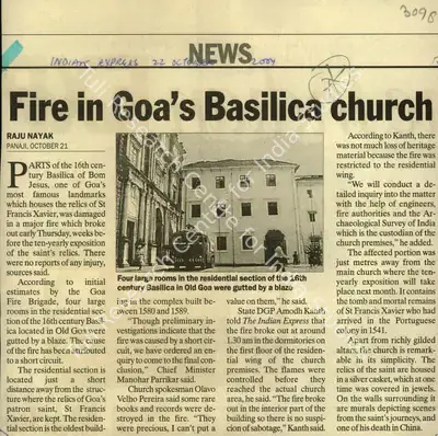 Raju Nayak (Reporter), Fire in Goa's Basilica Church, 2004, Newspaper Clipping