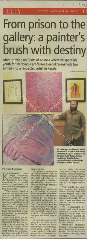 Priyanka Borpujari (Reporter), From Prison to the Gallery: A Painter's Brush with Destiny, 2008, Newspaper Clipping