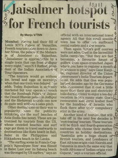 Manju V. (Reporter), Jaisalmer Hotspot for French Tourists, 2005, Newspaper Clipping