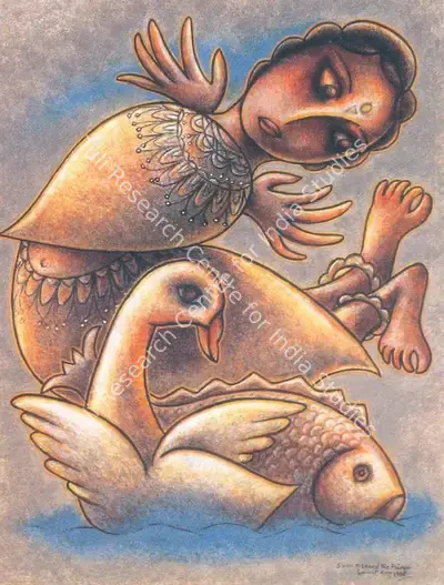 Sanat Kar (Artist), Swan, Fish and the Fairy, 1989, Painting