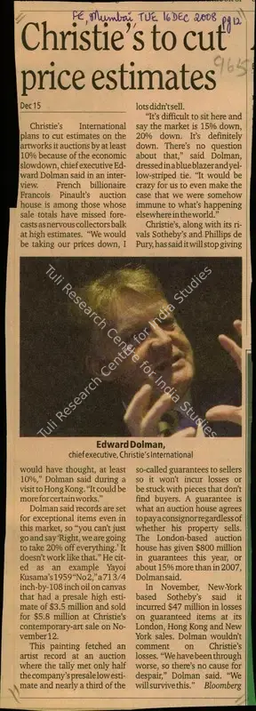 Christie's to Cut Price Estimates, 2008, Newspaper Clipping