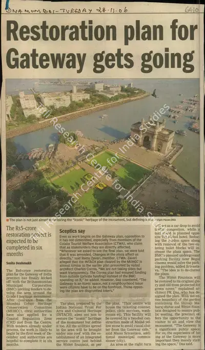 Smita Deshmukh (Reporter), Restoration plan for Gateway gets going, 2006, Newspaper Clipping
