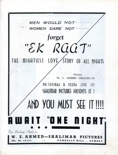 W.Z. Ahmed (Director), Ek Raat, 1942, Advertisement