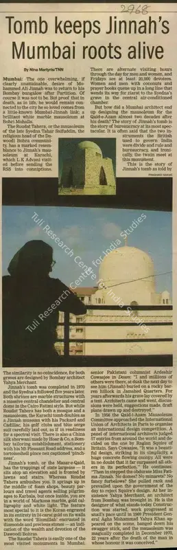 Nina Martyris (Reporter), Tomb Keeps Jinnah's Mumbai Roots Alive, 2005, Newspaper Clipping