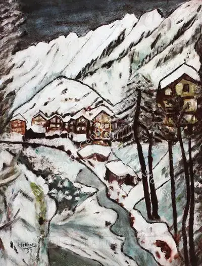 K.K. Hebbar (Artist), Mountain Village In Winter, 1957, Painting
