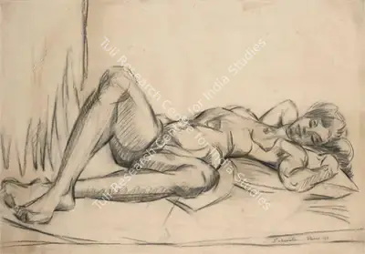Jehangir Sabavala (Artist), Reclining Nude, 1949, Drawing