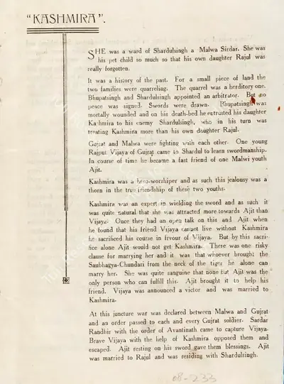 Nandlal Jashwantlal (Director), Kashmira, 1934, Song-Synopsis Booklet