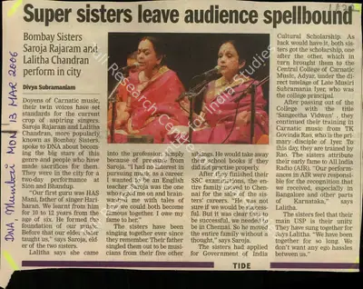 Divya Subramaniam (Reporter), Super sisters leave audience spellbound, 2006, Newspaper Clipping